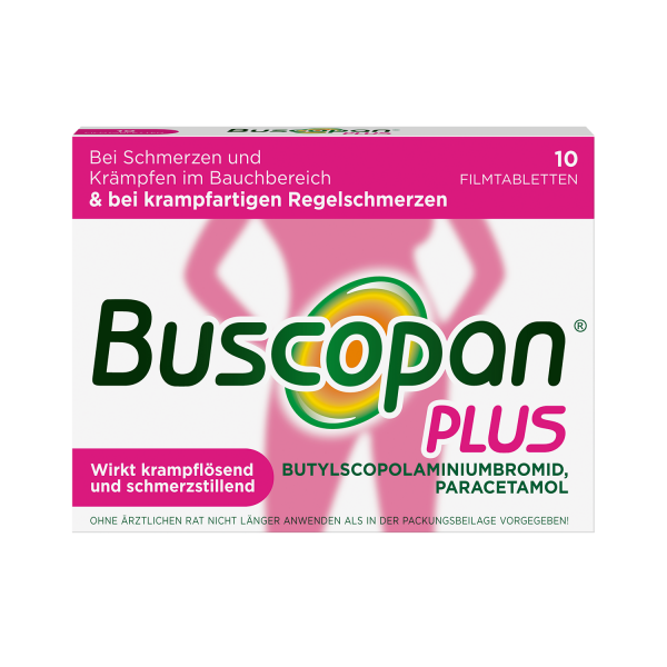 Abbildung für Buscopan® PLUS Filmtabletten 10 Stück mit Butylscopolamin und Paracetamol bei Regelschmerzen