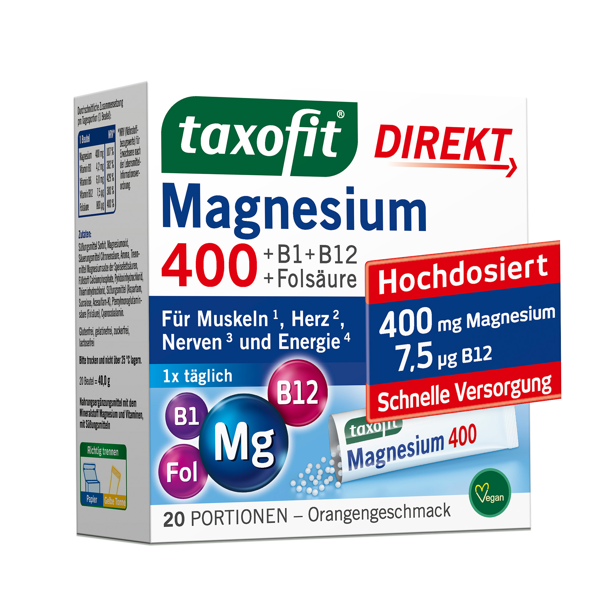 TAXOFIT Magnesium 400+B1+B6+B12+Folsäure 800 Gran. Abbildung für TAXOFIT Magnesium 400+B1+B6+B12+Folsäure 800 Gran.