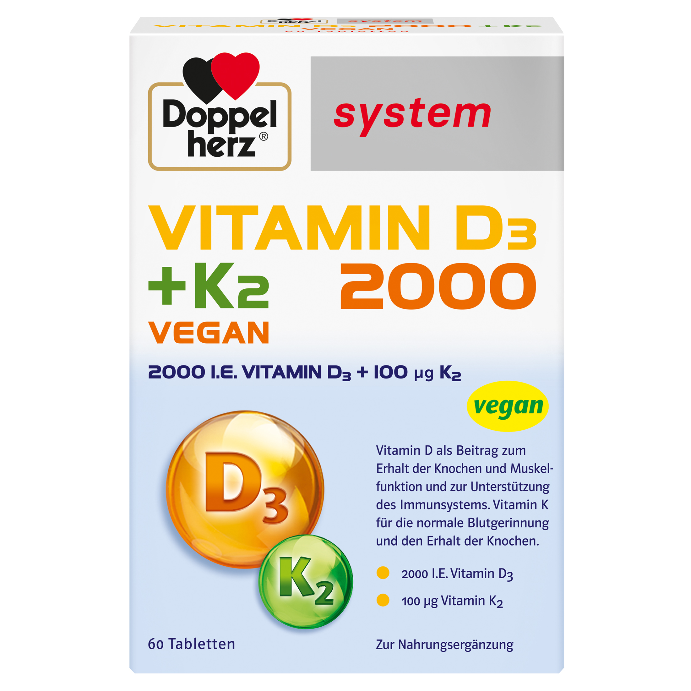 DOPPELHERZ Vitamin D3 2000+K2 system Tabletten Abbildung für DOPPELHERZ Vitamin D3 2000+K2 system Tabletten