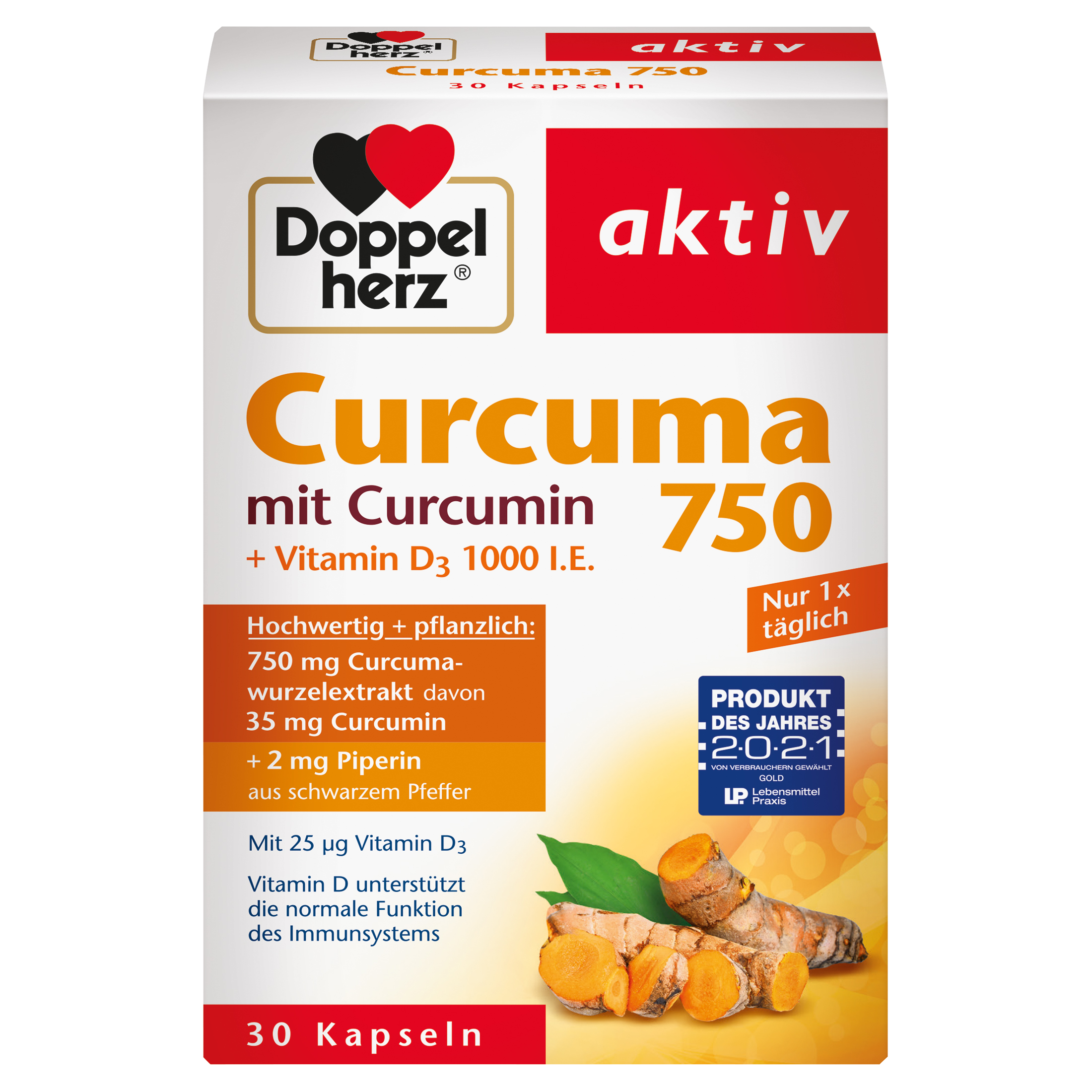 Doppelherz aktiv Curcuma 750 mit Curcumin +Vitamin D3 1000 I.E. Abbildung für Doppelherz aktiv Curcuma 750 mit Curcumin +Vitamin D3 1000 I.E.