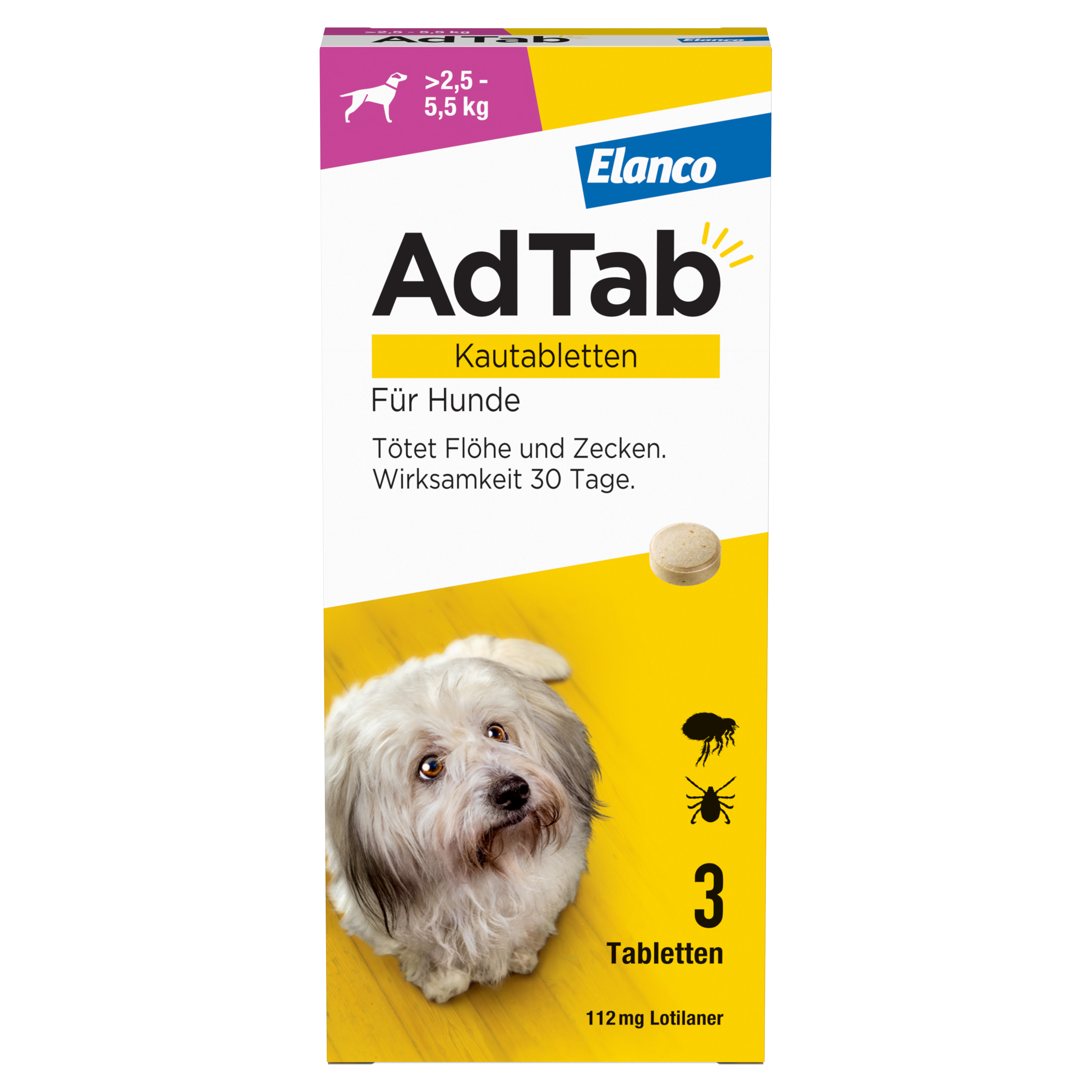 ADTAB 112 mg Kautabletten für Hunde >2,5—5,5 kg Abbildung für ADTAB 112 mg Kautabletten für Hunde >2,5—5,5 kg